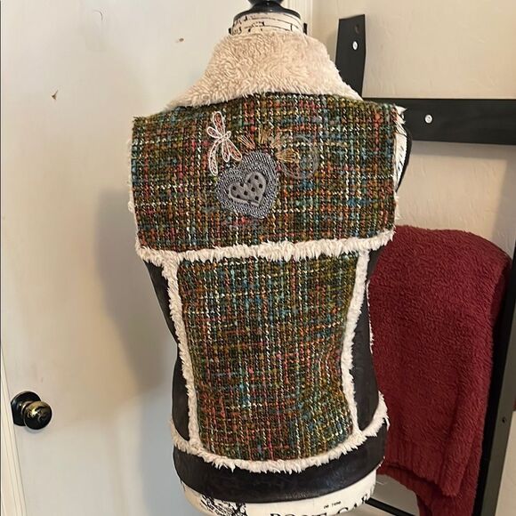 Desigual Faux Sherpa Leather Tweed Moto Bohemian Zip Up Mixed Media Vest - Picture 6 of 11